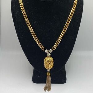 Vintage Gold Tone Tassel Style Pendant Rhinestone Accent Statement Necklace